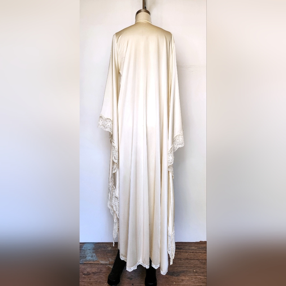 Vintage Very Long Sleeves Robe Bed Jacket Kimono with Lace Trim Duster XS S - Picture 5 of 10
